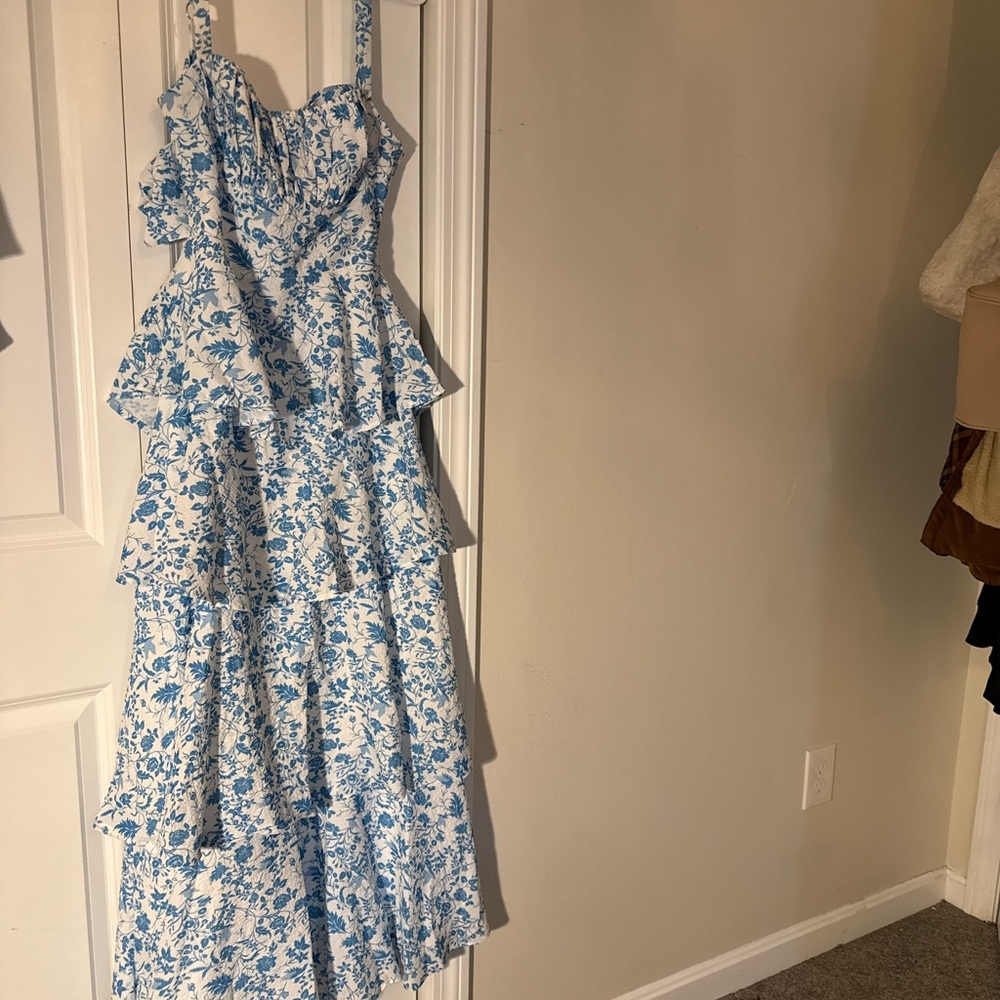 Floral Blue and White Tiered Dress